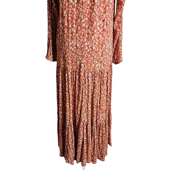 Sonoma Red Floral Print Crinkled Tiered Maxi Dress Size Large Boho Praire READ - Picture 3 of 14